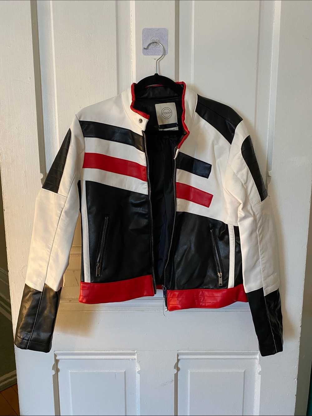 Stoosh Black, White & Red Colorblock Moto Leather Jacket